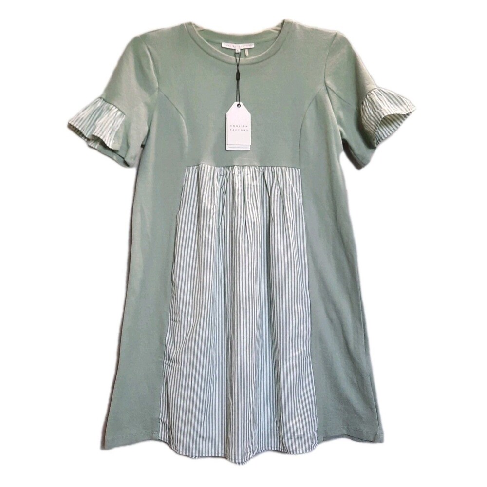 English Factory Knit Stripe Woven Mixed Dress Coastal Cottagecore Sage Size M